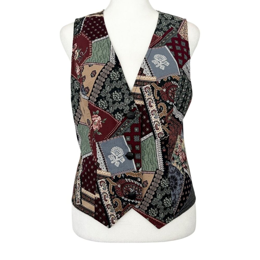 Vintage-Inspired Handmade Patchwork Button-Up Vest‎ With Adjustable Back Tie (S)